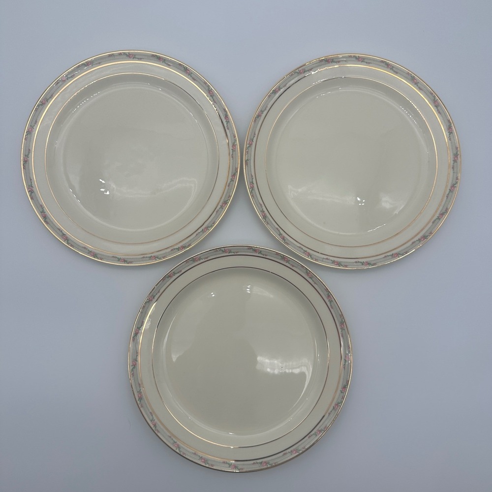 Taylor Smith Taylor Pink Rose Floral Salad Plates Gold Trim Set of 3 Vintage